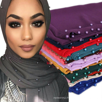 Top vente tendance Femmes belle bonne couleur chaude article imprimé écharpe perle mousseline de soie pierre musulman hijab